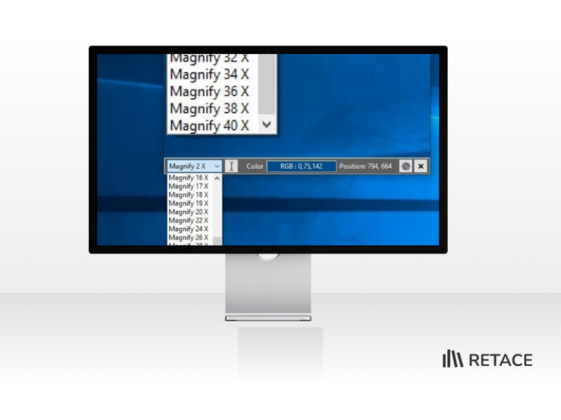 Imagem mostra a tela do Windows com o aplicativo Magnifier aberto, exibindo uma lista de níveis de ampliação e a interface de controle do zoom.